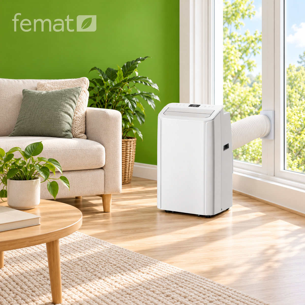 Climatiseur mobile compact MaxiBreeze Axelair 3,5 kW rafraîchissant un salon lumineux