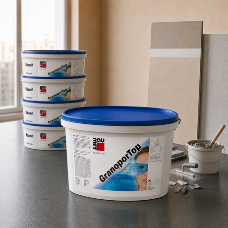 Seau d'enduit de finition taloché Granoportop Baumit 25 kg pour façade ITE