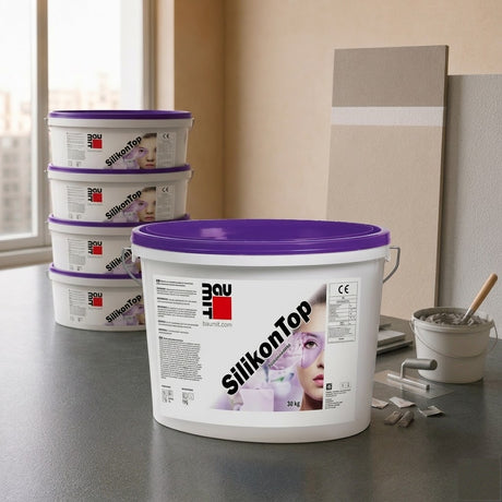 Seau d'enduit de finition silicone Silikontop Baumit 25 kg pour façade ITE
