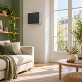 Ventilation par insufflation Urban 2 Ventilairsec fixée au mur d'une pièce de vie, pose sans gaine