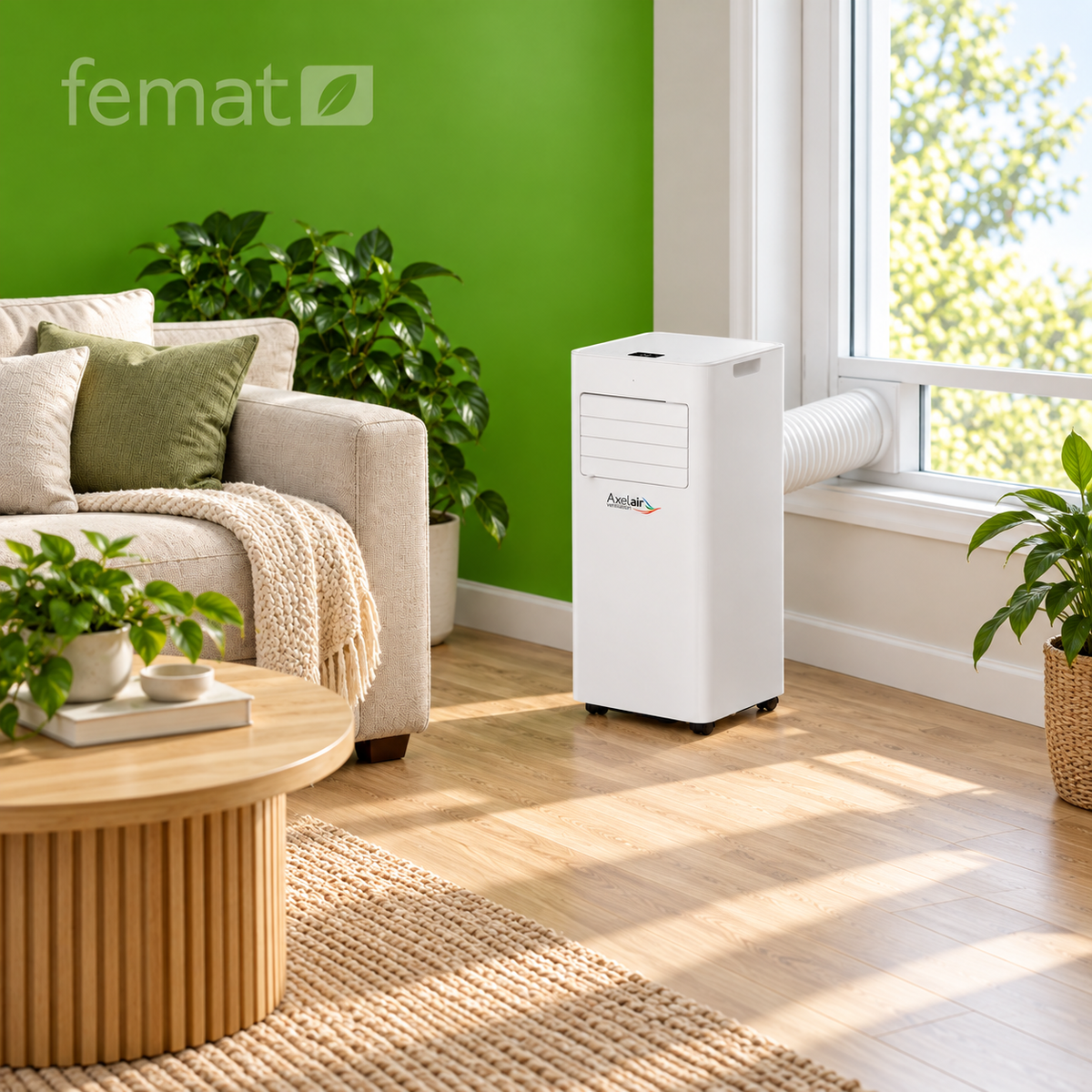 Climatiseur mobile compact CryoBreeze Axelair 2,6 kW près du canapé d'un salon lumineux